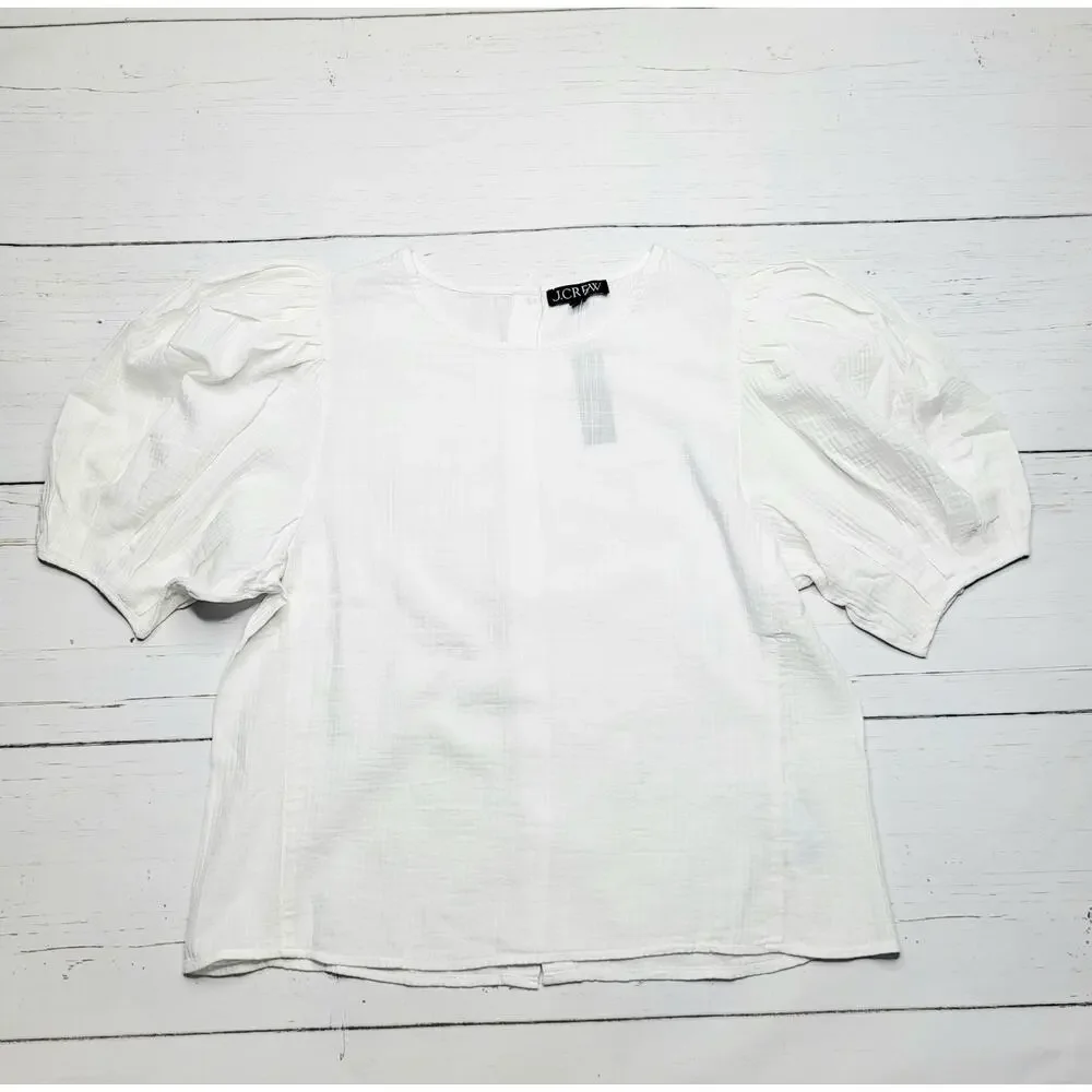 J Crew Short Puff Sleeve Back Button White Cotton Top Cotton Minimalist Medium